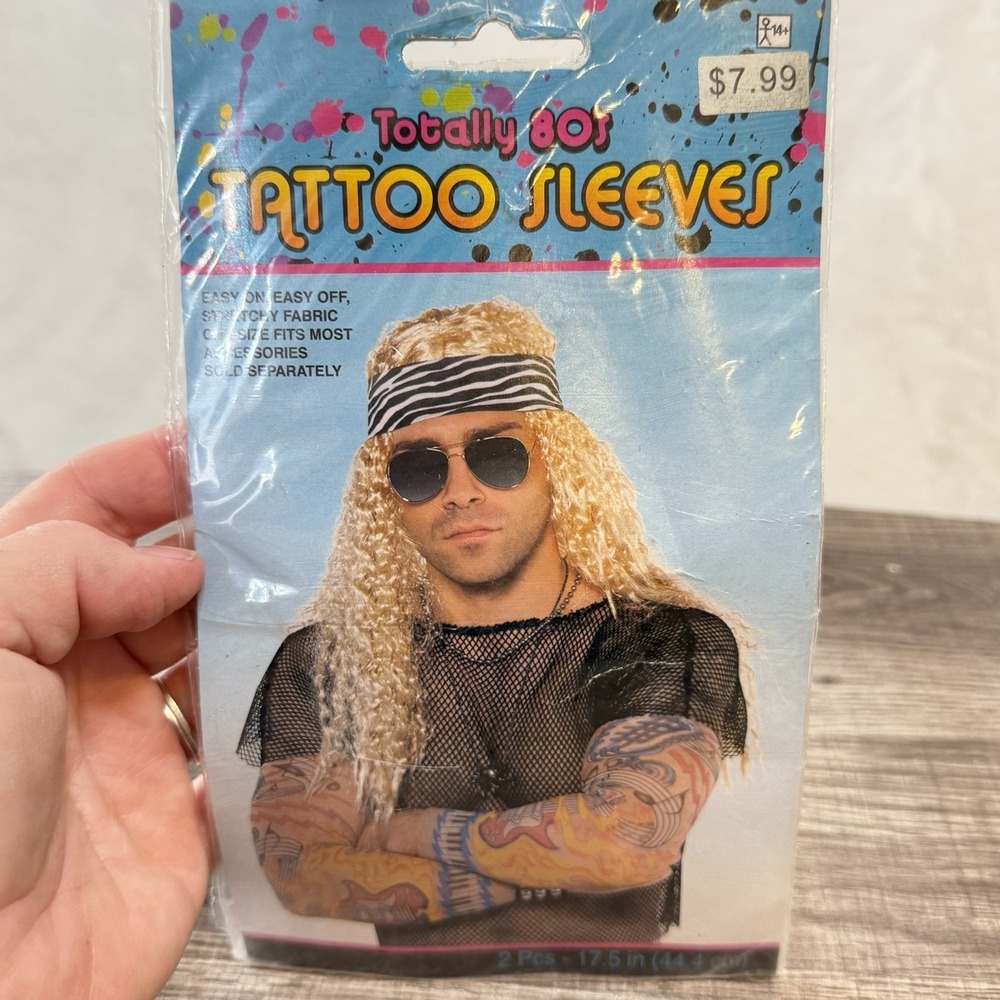 2 Fake Tattoo Sleeves Mens Ladies 80s Punk Rocker Music Notes Guitar Piano Keys